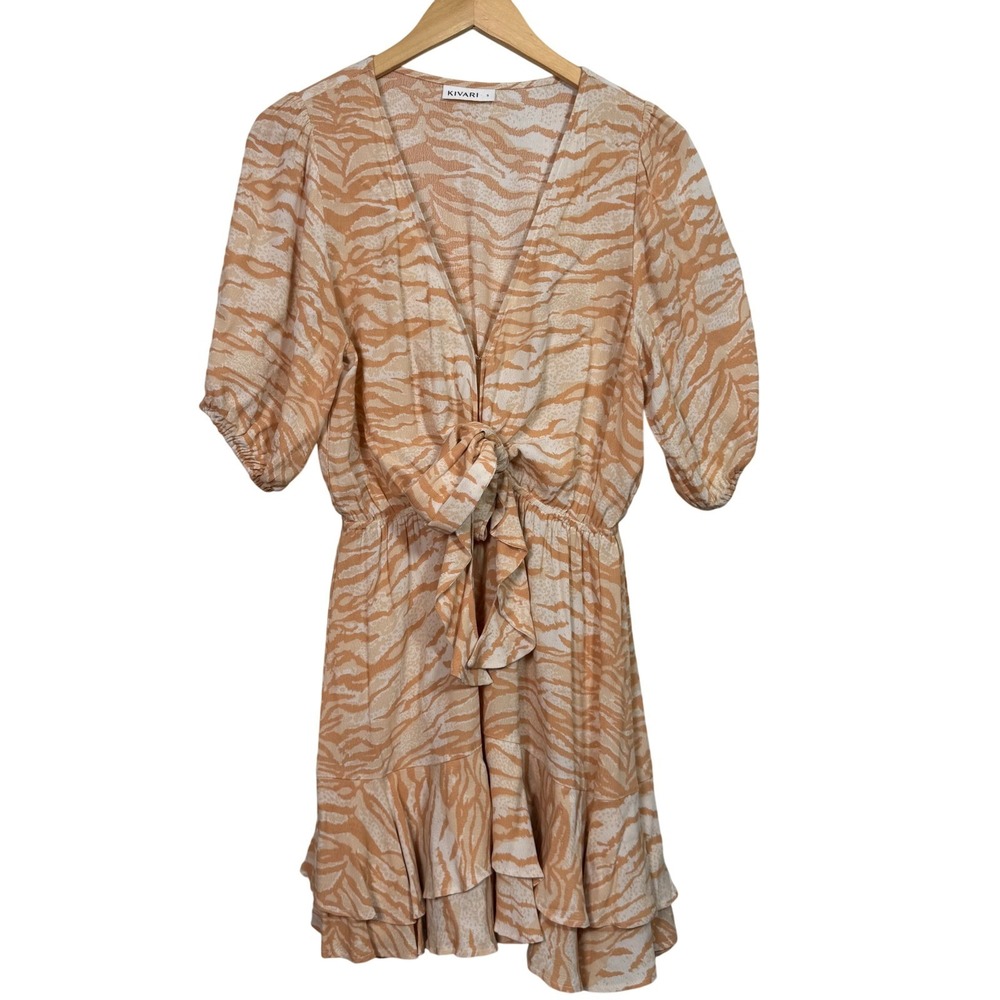 Kivari Australia Small Mini Dress Tie Front Ruffle Hem Tan‎ Tiger Romantic